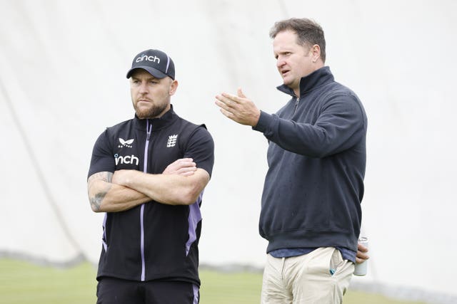 England head coach Brendon McCullum and Rob Key talk at a net session