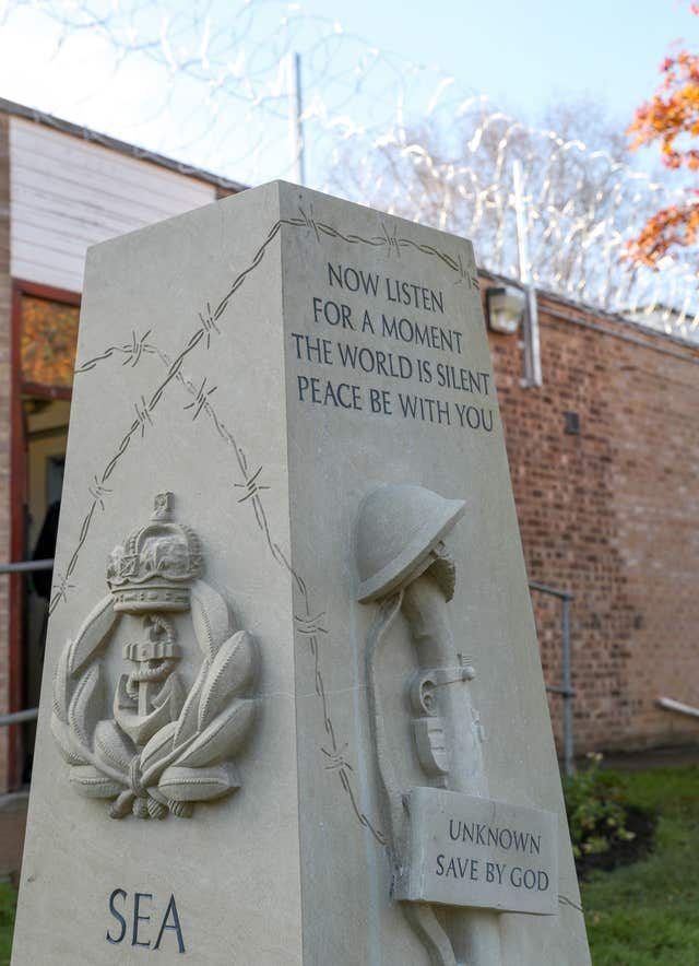The war memorial outside the visitor’s centre at Erlestoke prison (Andrew Matthews/PA)