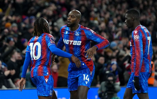Crystal Palace’s Jean-Philippe Mateta celebrates with team-mate Eberechi Eze after scoring a goal