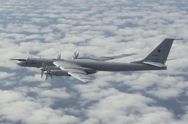 One of two Russian Tu-142 Bear F anti-submarine warfare and maritime patrol aircraft that were intercepted by Typhoon Quick Reaction Alert fighters in the North Sea near UK airspace 