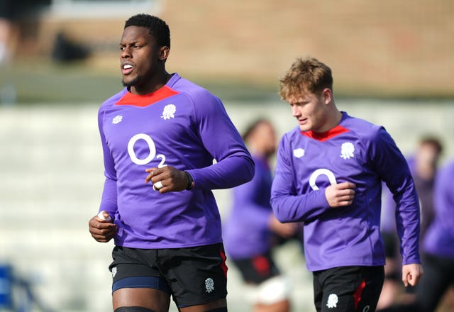 Maro Itoje, left, during England training