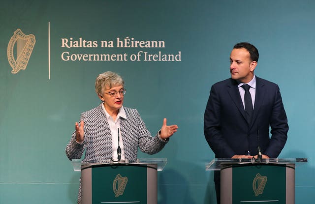 Minister for Children and Youth Affairs Katherine Zappone and Taoiseach Leo Varadkar brief the media on the government’s plans for a referendum on Ireland’s restrictive abortion laws, at Government Buildings in Dublin (Niall Carson/PA)