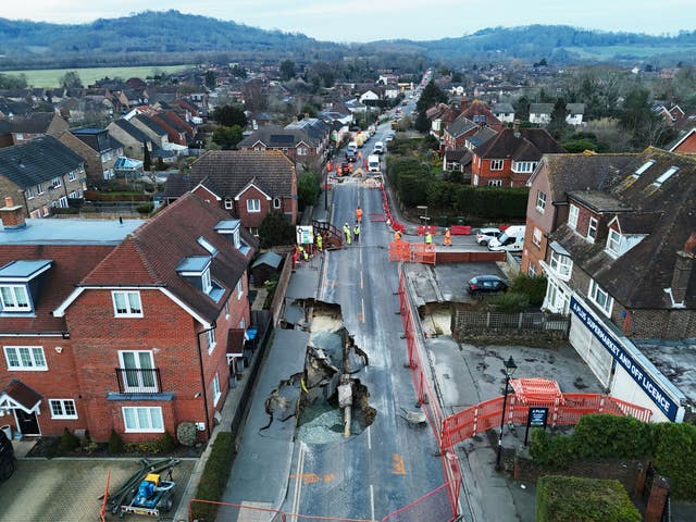 The scene in Godstone after a sinkhole appeared on Monday night