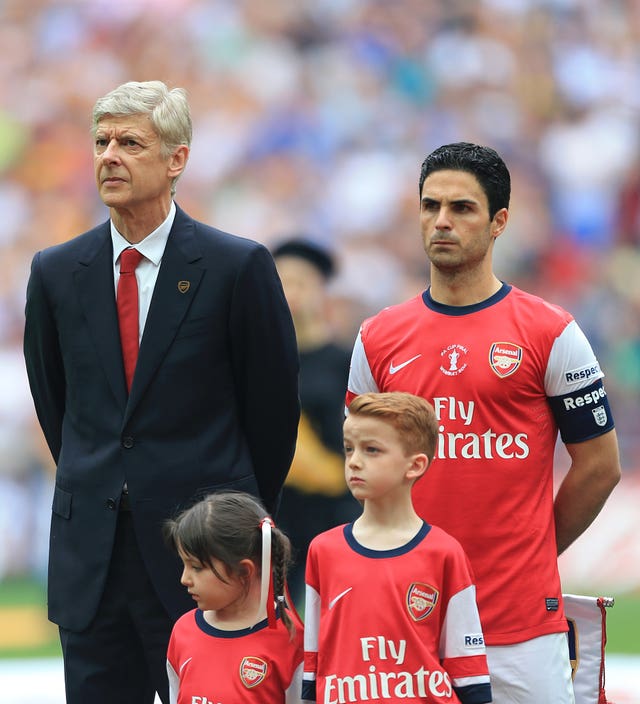 Arsenal manager Arsene Wenger, left, and then-captain Mikel Arteta at the 2014 FA Cup final against Hull