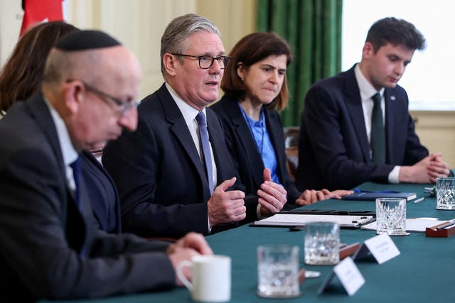 Prime Minister Sir Keir Starmer, centre, holds a meeting in Downing Street with Board of Deputies of British Jews chief executive Michael Wegier, left, Union of Jewish Students president Louis Danker, right, and representatives of the Jewish community 