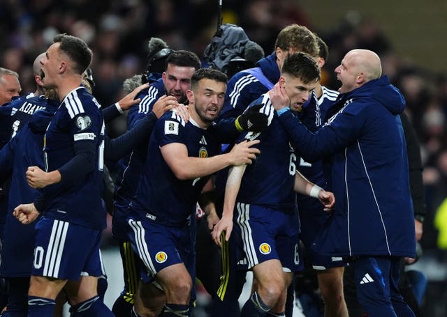 Scotland celebrate Kieran Tierney's goal against Denmark in November's World Cup qualifier