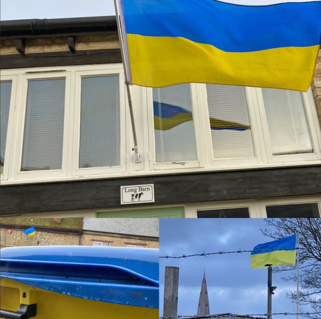 Picture taken with permission from the Twitter feed of Simon Lee of Ukrainian flags in the town of Olney in Buckinghamshire