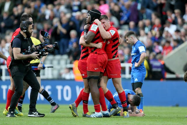 Saracens Maro Itoje and Owen Farrell celebrate on the final whistle of the Champions Cup final 