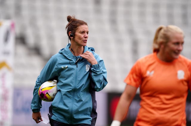 England defence coach Sarah Hunter during a team run at the Stadium of Light