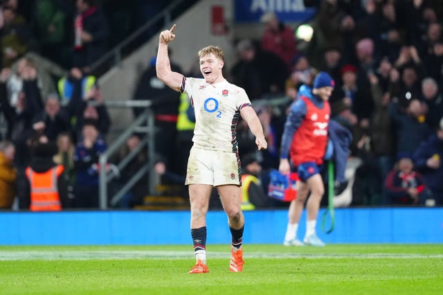 England’s Fin Smith celebrates after the Six Nations match with France at Allianz Stadium, Twickenham