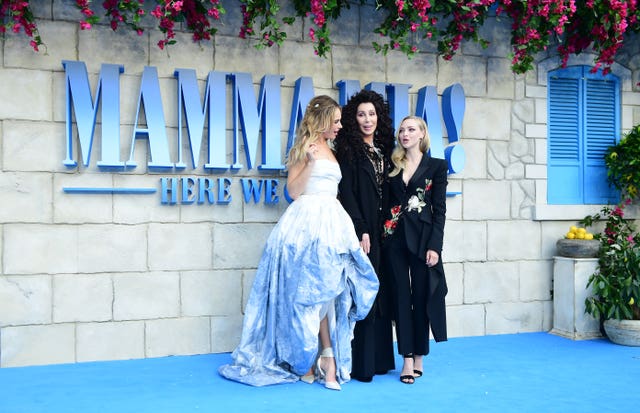 Lily James, Cher and Amanda Seyfried attending the premiere of Mamma Mia! Here We Go Again