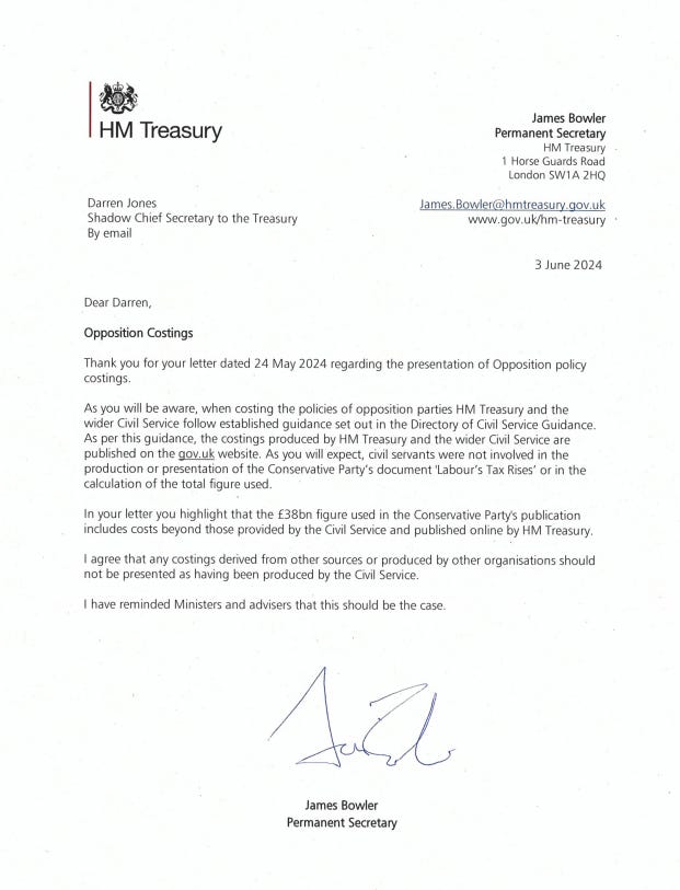 A letter sent by parliament secretary James Bowler to Darren Jones, shadow chief secretary to the Treasury