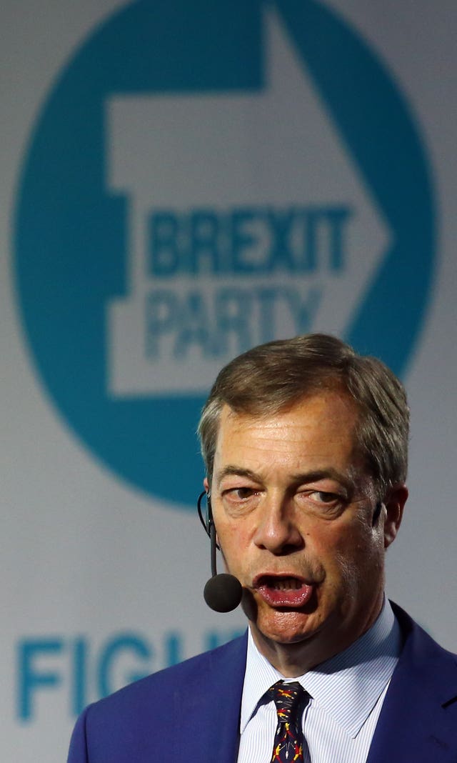 Nigel Farage addressing the Brexit Party rally (Gareth Fuller/PA)