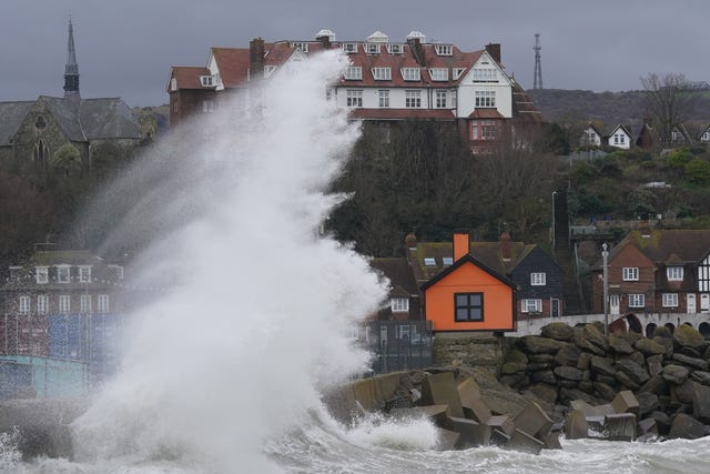 Giant waves crashing against the harbour wall in Folkestone, Kent, on February 26 2024 