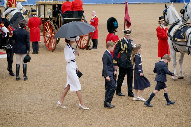 The Princess of Wales, Prince George, Princess Charlotte, and Prince Louis leave Horse Guards Parade, central London after the Trooping the Colour ceremony