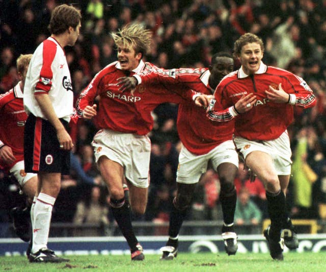 Ole Gunnar Solskjaer celebrates scoring the winner in the sides' FA Cup fourth-round clash in 1999