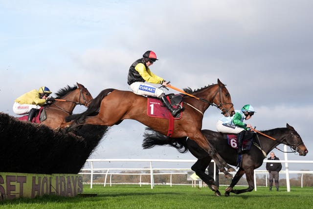 Shecouldbeanything (centre) powered home to win at Bangor 