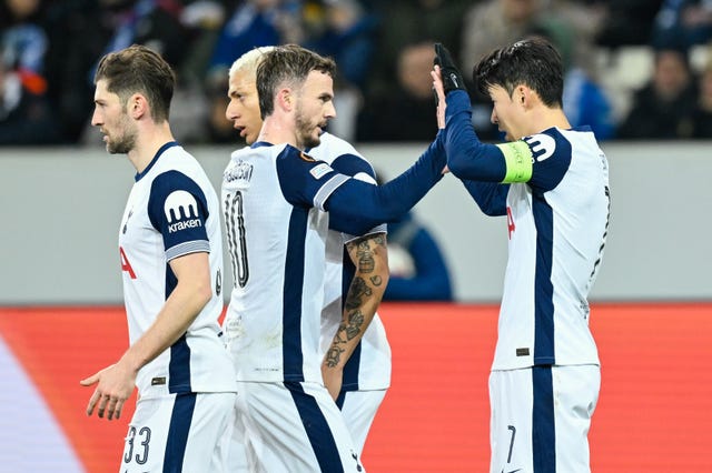 Tottenham Hotspur’s Son Heung-Min (right) celebrates with James Maddison after scoring in the Europa League