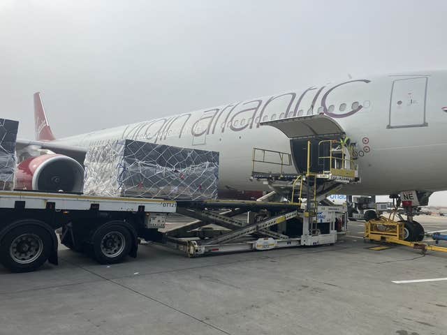 Emergency supplies being loaded up on to a plane at Heathrow bound for Turkey 
