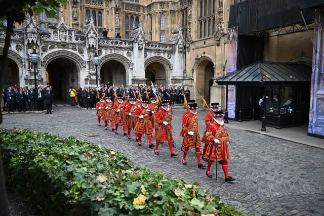 The King’s Body Guard of the Yeomen of the Guard ahead of the arrival of King Charles III and the Queen Consort outside Westminster Hall, London
