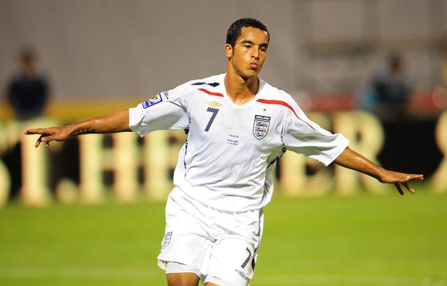 Theo Walcott celebrating a hat-trick of goals against Croatia in Zagreb.