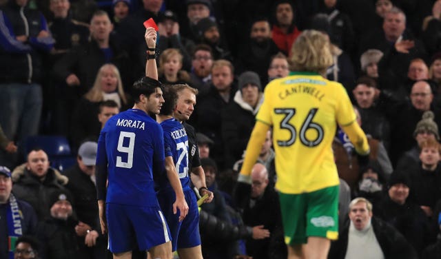 Chelsea’s Alvaro Morata is shown the red card by referee Graham Scott (Mike Egerton/PA)