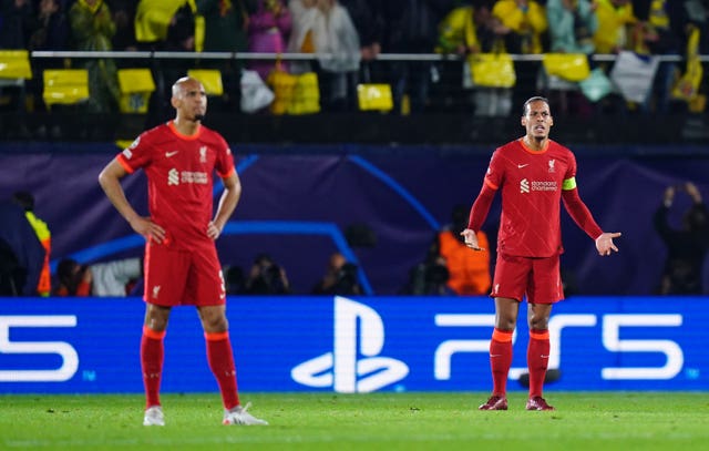 Fabinho, left, and Virgil van Dijk react to Liverpool going 2-0 down on the night