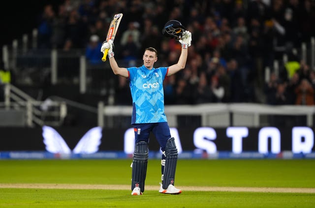 Harry Brook celebrates his hundred for England in the third ODI against Australia