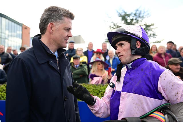 Darragh O’Keeffe and Andrew McNamara after Enjoy The Dream won the Donohue Marquees Juvenile Hurdle at Fairyhouse