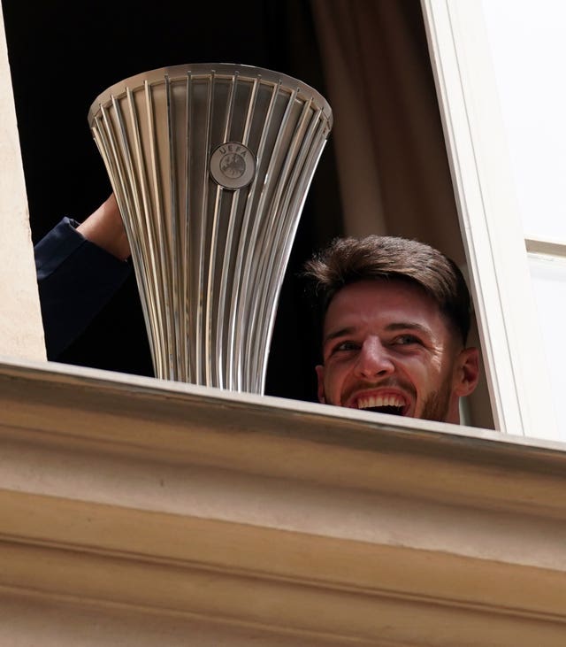 Declan Rice with the Europa Conference League trophy at the West Ham team hotel on Thursday morning 