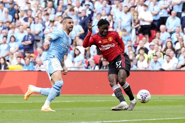 Manchester United’s Kobbie Mainoo scores their second goal in the FA Cup final win over Manchester City