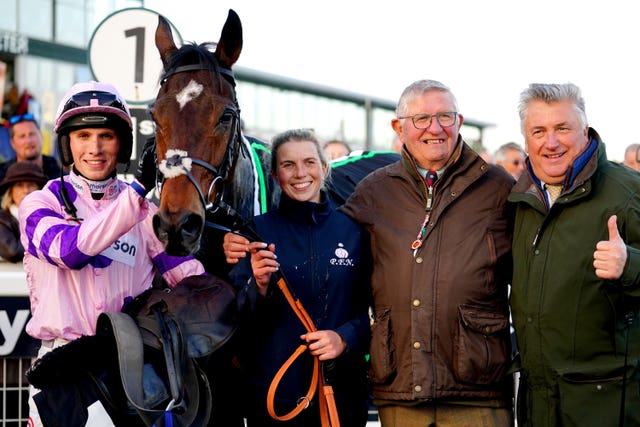 Jockey Harry Cobden (left) and trainer Paul Nicholls (right) celebrate after Greaneteen wins the Betway Haldon Gold Cup at Exeter