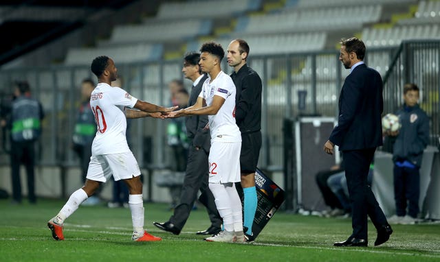 Sterling's first Nations League appearance for England ended after a goalless 78 minutes in Croatia when he was replaced by Jadon Sancho (right).
