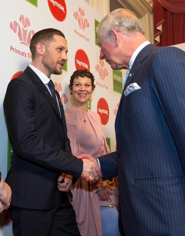 Charles meets celebrity ambassadors Tom Hardy and Helen McCrory at the Prince’s Trust Awards
