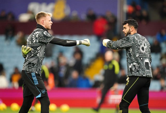 Arsenal goalkeeper Aaron Ramsdale greets David Raya (right) ahead of a Premier League match
