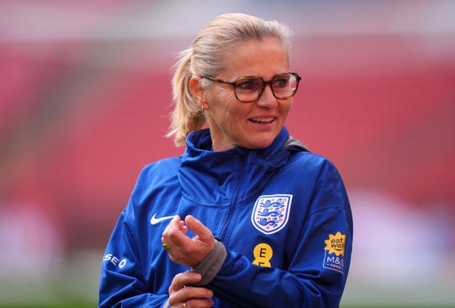 England manager Sarina Wiegman during a training session at Wembley Stadium, London.