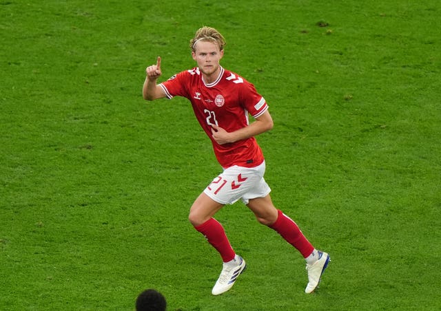 Denmark’s Morten Hjulmand celebrates scoring against England at Euro 2024