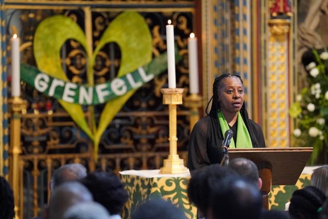 Marlene Anderson, the daughter of victim Raymond Bernard speaks at the Grenfell fire memorial service at Westminster Abbey in London