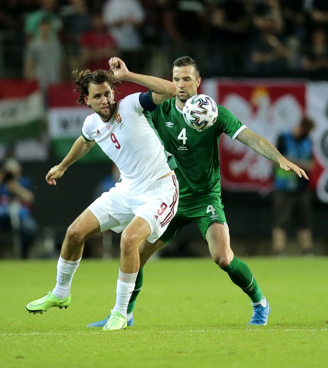 Hungary's Adam Szalai (left) and Republic of Ireland's Shane Duffy battle for the ball in Budapest