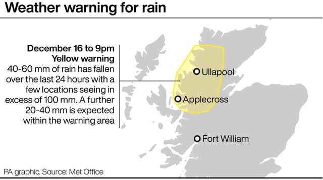 Map highlighting the area of Scotland affected by the yellow weather warning for rain