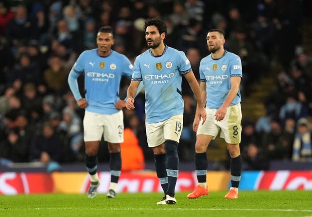 Manchester City’s Manuel Akanji, Ilkay Gundogan and Mateo Kovacic show their frustration after conceding a goal