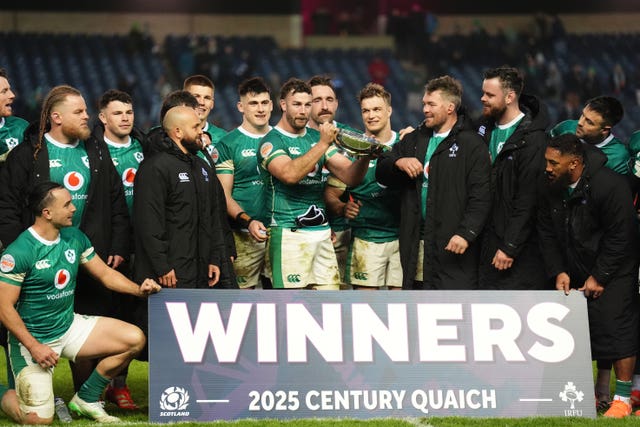 Ireland's Caelan Doris holds The Centenary Quaich in front of his team-mates following their win over Scotland