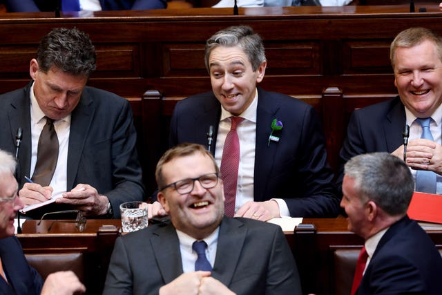 Fine Gael leader Simon Harris TD (centre) in the Dail Chamber, Leinster House, Dublin ahead of being nominated as Taoiseach