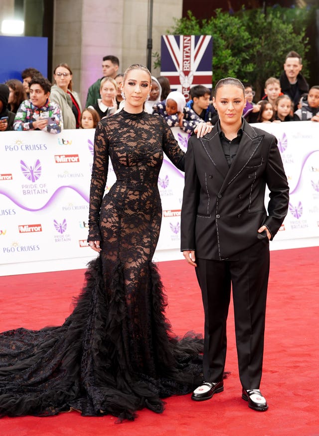 GK Barry, left, and her partner Ella Rutherford attending the Pride of Britain Awards at the Grosvenor House Hotel, London, in 2025