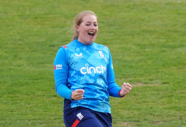 England's Sophie Ecclestone celebrates bowling out Pakistan's Ayesha Zafar, not pictured, in May's first ODI in Derby