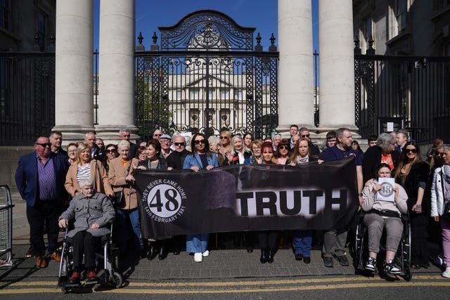 Families of the survivors and victims of the Stardust disaster outside Government Buildings with a banner reading 'Truth'
