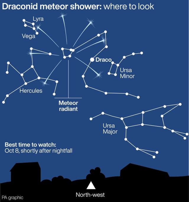 Graphic suggesting where to look to see the meteor shower based on where the different constellations are in the night sky