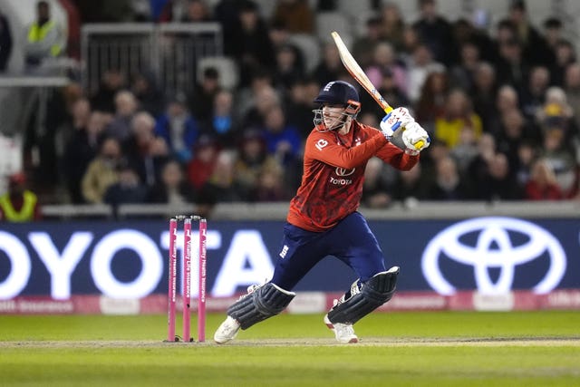 England captain Harry Brook hots out in T20 action against South Africa.
