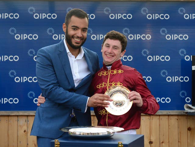 Sheikh Fahad with Oisin Murphy after Roaring Lion won the Irish Champion Stakes