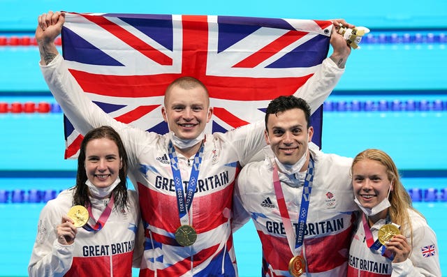 Adam Peaty, second left, and James Guy, second right, won Olympic gold in Tokyo alongside Kathleen Dawson, left, and Anna Hopkin, right